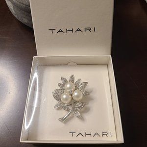 TAHARI Faux Pearl & Aurora Borealis Crystal Brooch NIB